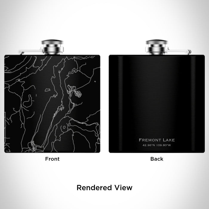 Rendered View of Fremont Lake Wyoming Map Engraving on 6oz Stainless Steel Flask in Black
