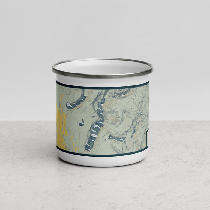 Front View Custom Fremont Lake Wyoming Map Enamel Mug in Woodblock