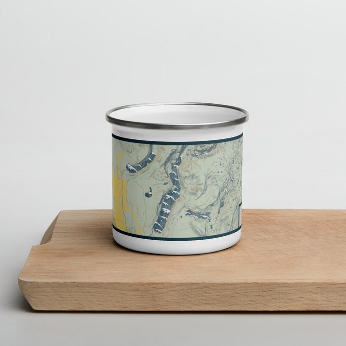 Front View Custom Fremont Lake Wyoming Map Enamel Mug in Woodblock on Cutting Board