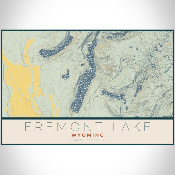 Fremont Lake Wyoming Map Print Landscape Orientation in Woodblock Style With Shaded Background