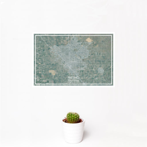 12x18 Fresno California Map Print Landscape Orientation in Afternoon Style With Small Cactus Plant in White Planter