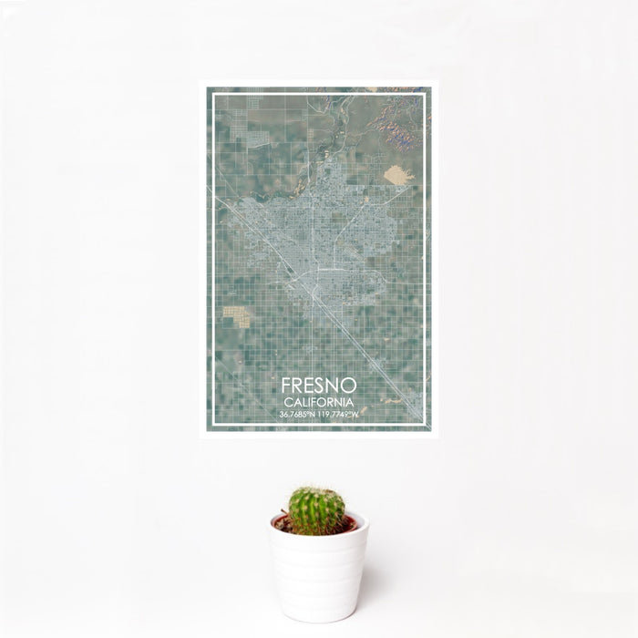 12x18 Fresno California Map Print Portrait Orientation in Afternoon Style With Small Cactus Plant in White Planter