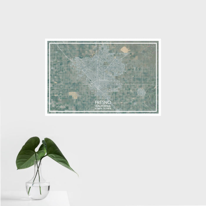16x24 Fresno California Map Print Landscape Orientation in Afternoon Style With Tropical Plant Leaves in Water