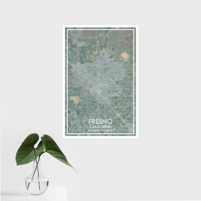 16x24 Fresno California Map Print Portrait Orientation in Afternoon Style With Tropical Plant Leaves in Water