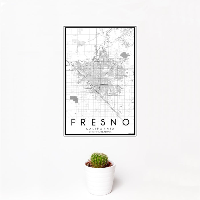 12x18 Fresno California Map Print Portrait Orientation in Classic Style With Small Cactus Plant in White Planter