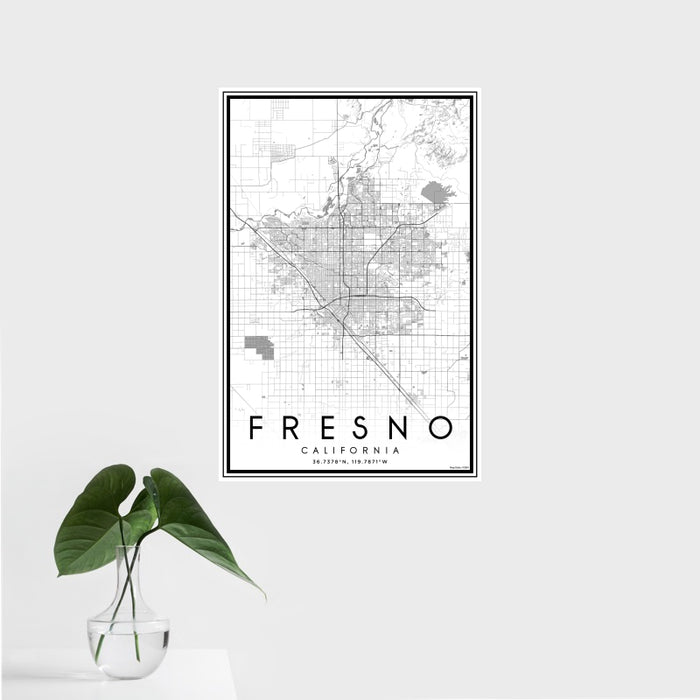 16x24 Fresno California Map Print Portrait Orientation in Classic Style With Tropical Plant Leaves in Water