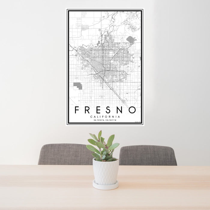 24x36 Fresno California Map Print Portrait Orientation in Classic Style Behind 2 Chairs Table and Potted Plant