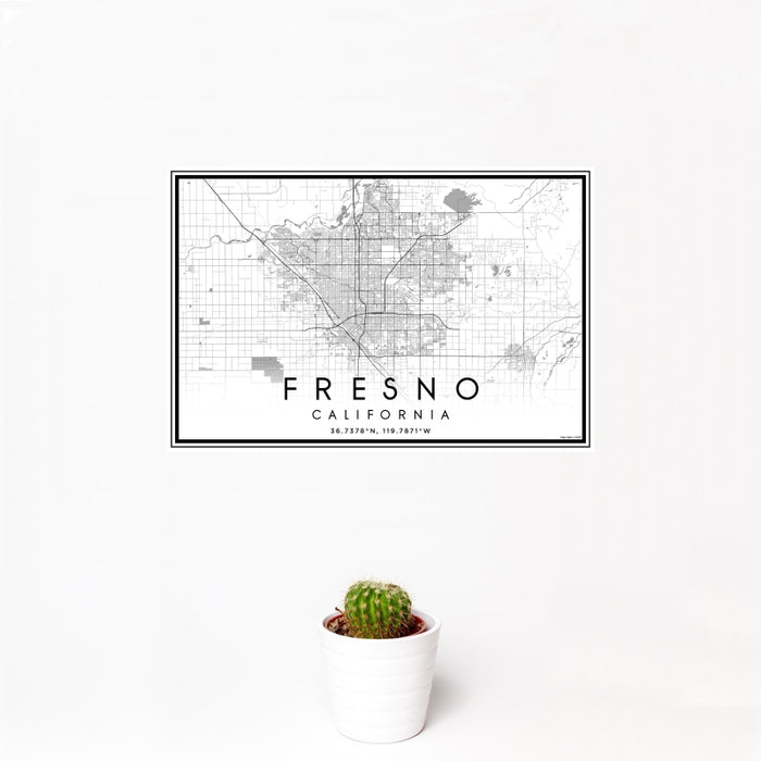 12x18 Fresno California Map Print Landscape Orientation in Classic Style With Small Cactus Plant in White Planter