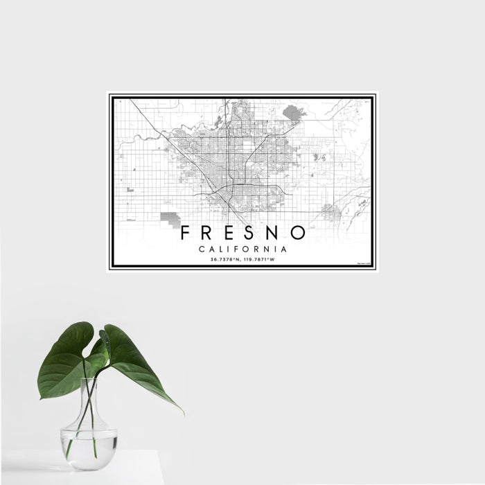 16x24 Fresno California Map Print Landscape Orientation in Classic Style With Tropical Plant Leaves in Water