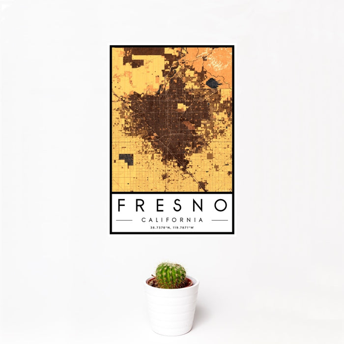 12x18 Fresno California Map Print Portrait Orientation in Ember Style With Small Cactus Plant in White Planter