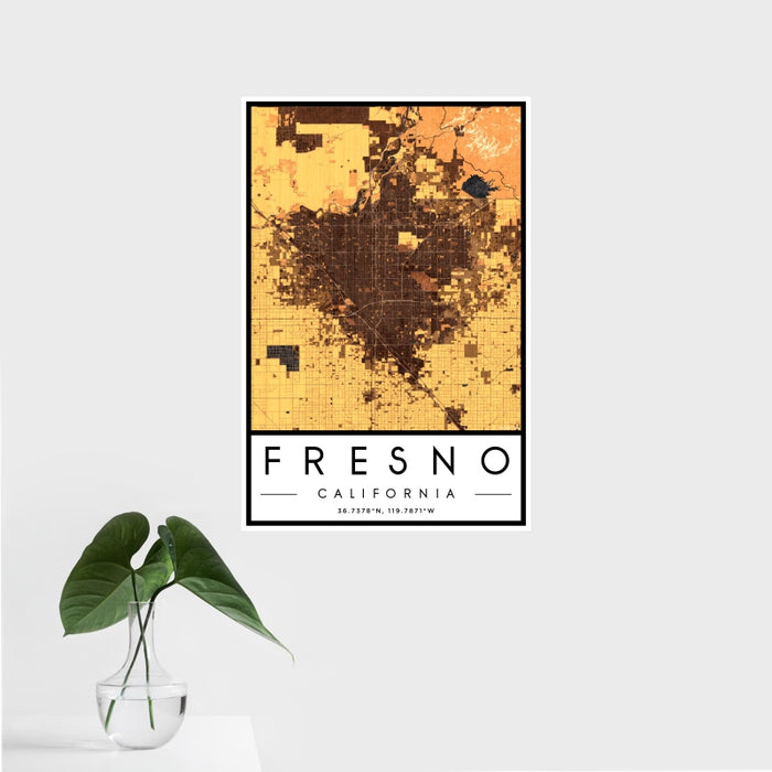 16x24 Fresno California Map Print Portrait Orientation in Ember Style With Tropical Plant Leaves in Water