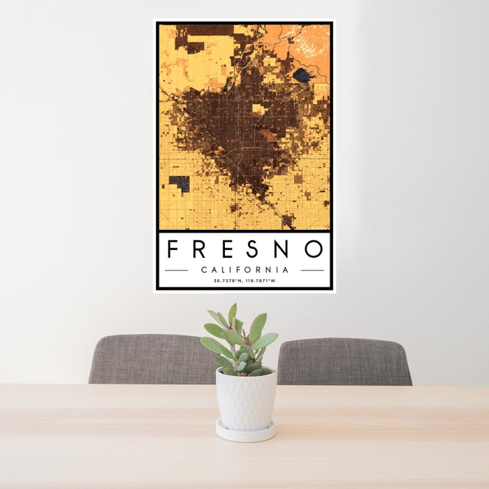 24x36 Fresno California Map Print Portrait Orientation in Ember Style Behind 2 Chairs Table and Potted Plant