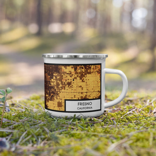 Right View Custom Fresno California Map Enamel Mug in Ember on Grass With Trees in Background