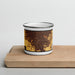 Front View Custom Fresno California Map Enamel Mug in Ember on Cutting Board