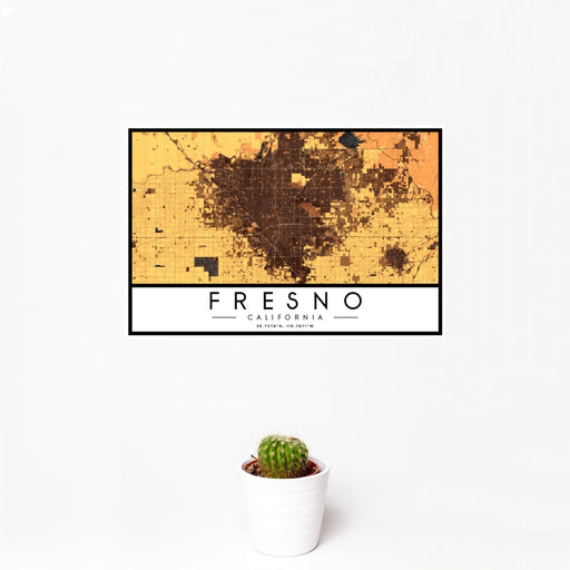 12x18 Fresno California Map Print Landscape Orientation in Ember Style With Small Cactus Plant in White Planter