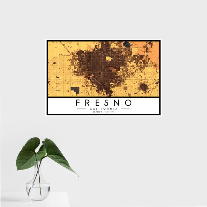 16x24 Fresno California Map Print Landscape Orientation in Ember Style With Tropical Plant Leaves in Water