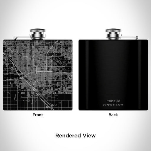 Rendered View of Fresno California Map Engraving on 6oz Stainless Steel Flask in Black