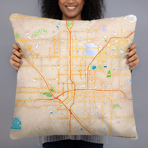 Person holding 22x22 Custom Fresno California Map Throw Pillow in Watercolor