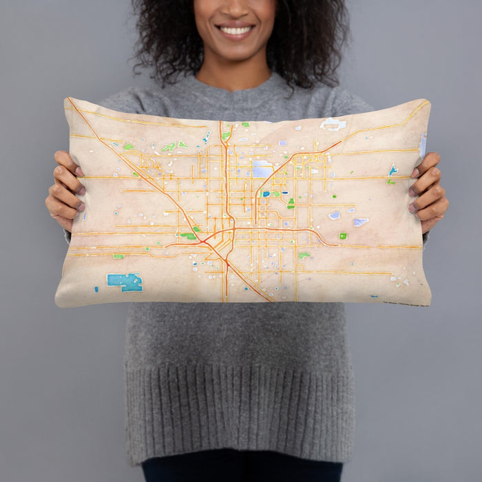 Person holding 20x12 Custom Fresno California Map Throw Pillow in Watercolor