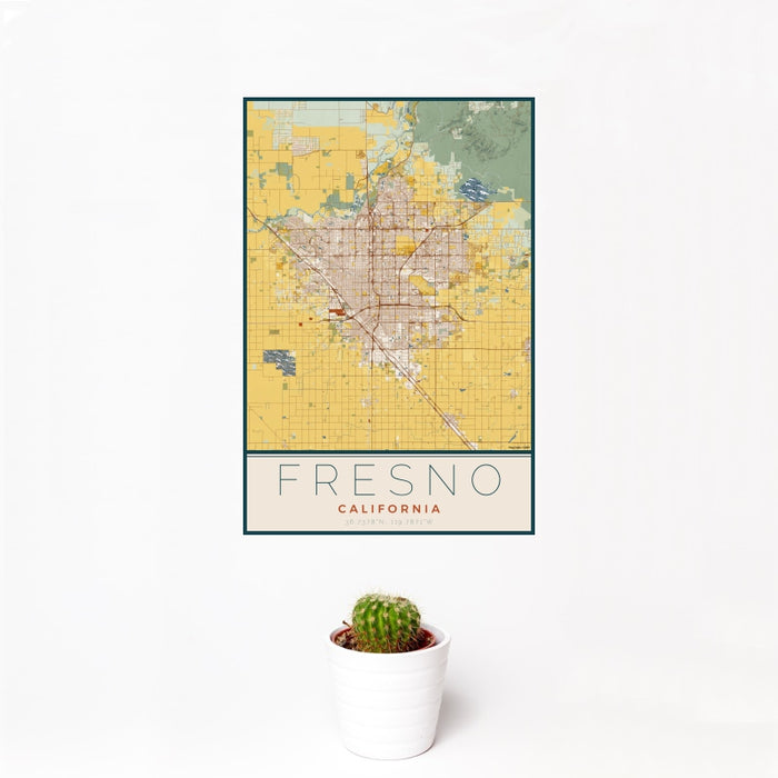 12x18 Fresno California Map Print Portrait Orientation in Woodblock Style With Small Cactus Plant in White Planter