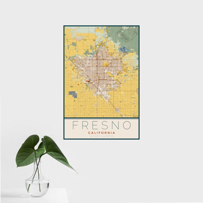 16x24 Fresno California Map Print Portrait Orientation in Woodblock Style With Tropical Plant Leaves in Water