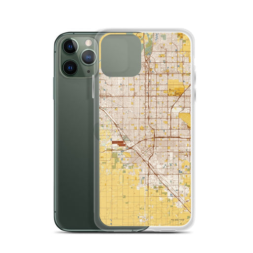 Custom Fresno California Map Phone Case in Woodblock on Table with Laptop and Plant