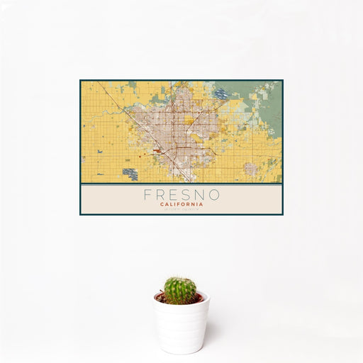 12x18 Fresno California Map Print Landscape Orientation in Woodblock Style With Small Cactus Plant in White Planter