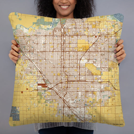 Person holding 22x22 Custom Fresno California Map Throw Pillow in Woodblock