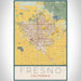 Fresno California Map Print Portrait Orientation in Woodblock Style With Shaded Background