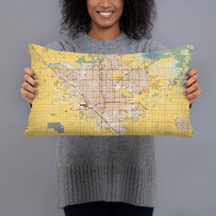 Person holding 20x12 Custom Fresno California Map Throw Pillow in Woodblock
