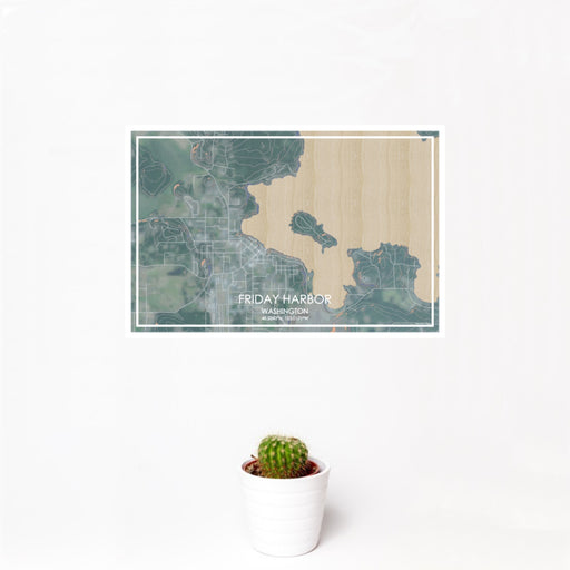 12x18 Friday Harbor Washington Map Print Landscape Orientation in Afternoon Style With Small Cactus Plant in White Planter