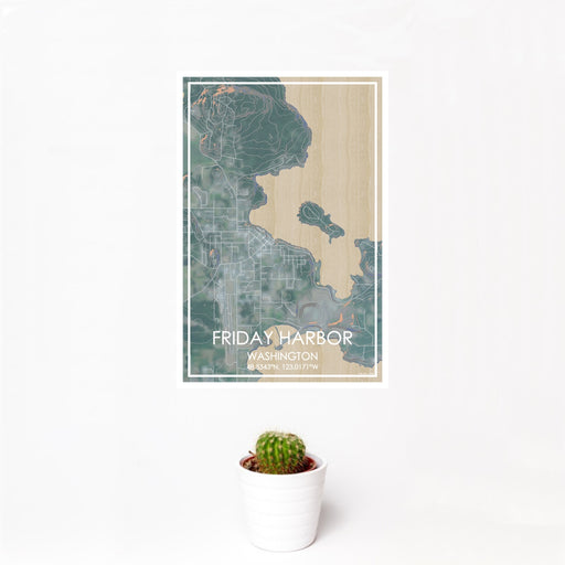 12x18 Friday Harbor Washington Map Print Portrait Orientation in Afternoon Style With Small Cactus Plant in White Planter