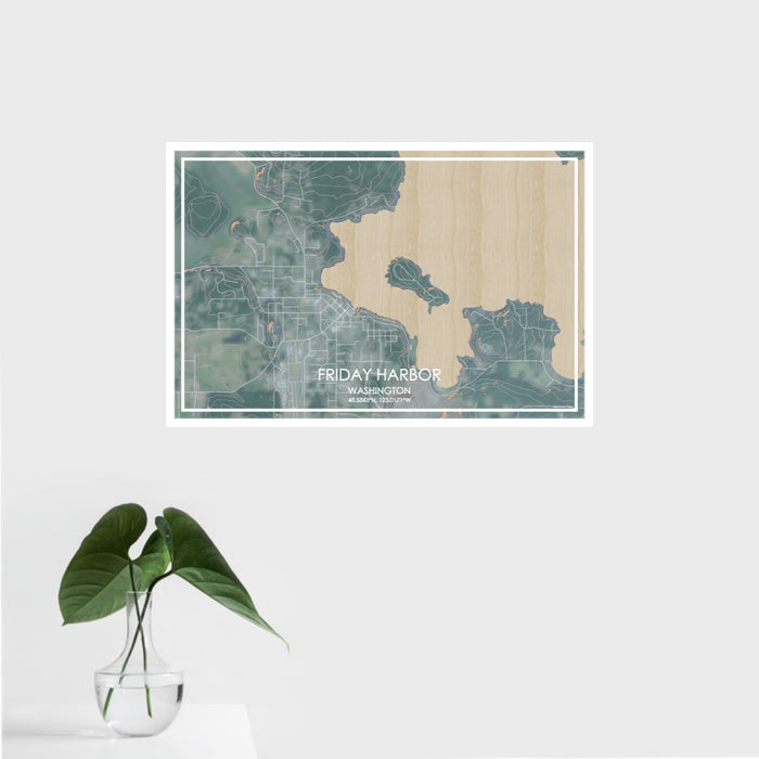 16x24 Friday Harbor Washington Map Print Landscape Orientation in Afternoon Style With Tropical Plant Leaves in Water