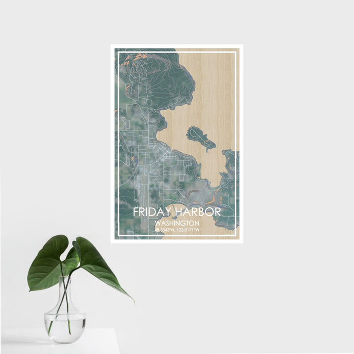 16x24 Friday Harbor Washington Map Print Portrait Orientation in Afternoon Style With Tropical Plant Leaves in Water