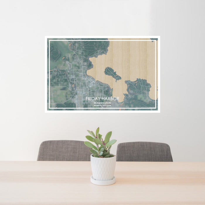 24x36 Friday Harbor Washington Map Print Lanscape Orientation in Afternoon Style Behind 2 Chairs Table and Potted Plant