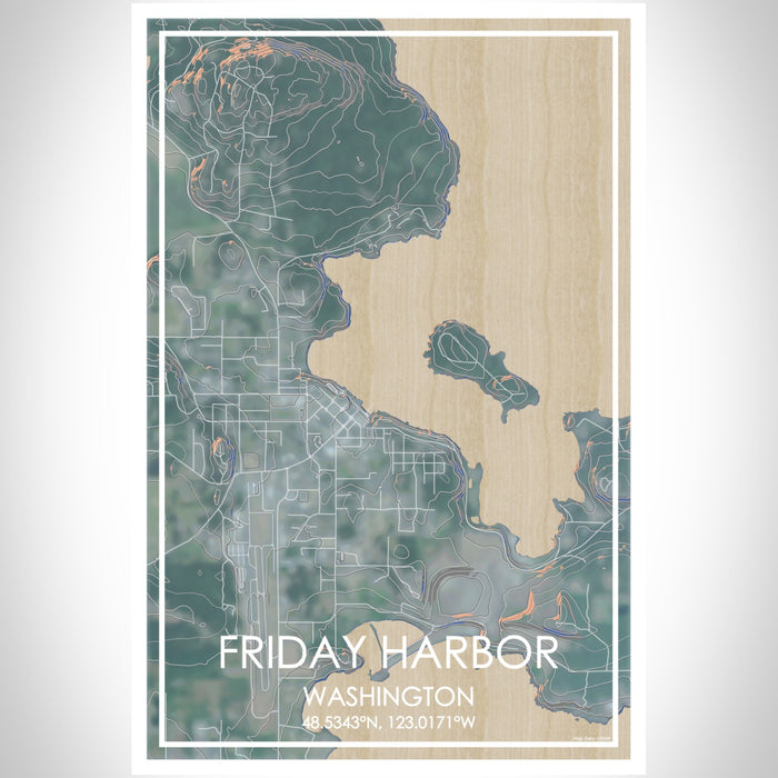 Friday Harbor Washington Map Print Portrait Orientation in Afternoon Style With Shaded Background