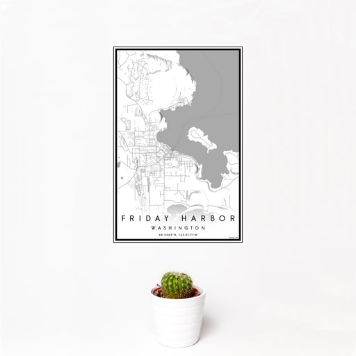 12x18 Friday Harbor Washington Map Print Portrait Orientation in Classic Style With Small Cactus Plant in White Planter
