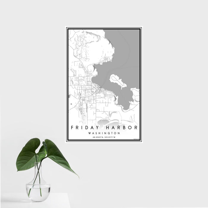 16x24 Friday Harbor Washington Map Print Portrait Orientation in Classic Style With Tropical Plant Leaves in Water
