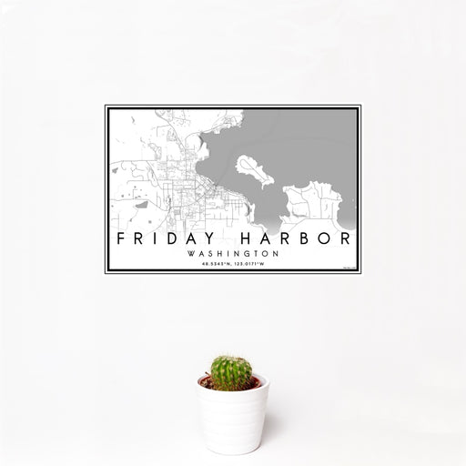 12x18 Friday Harbor Washington Map Print Landscape Orientation in Classic Style With Small Cactus Plant in White Planter