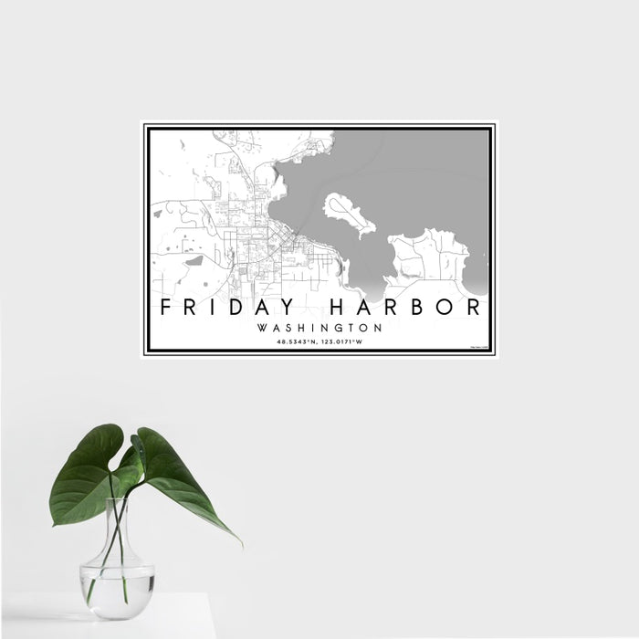16x24 Friday Harbor Washington Map Print Landscape Orientation in Classic Style With Tropical Plant Leaves in Water