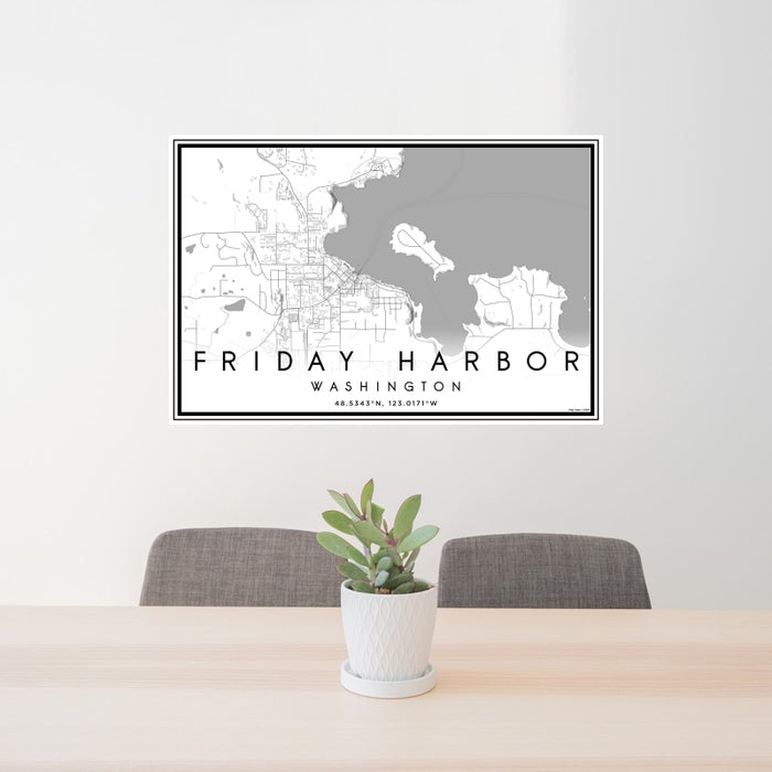 24x36 Friday Harbor Washington Map Print Landscape Orientation in Classic Style Behind 2 Chairs Table and Potted Plant