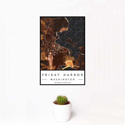 12x18 Friday Harbor Washington Map Print Portrait Orientation in Ember Style With Small Cactus Plant in White Planter