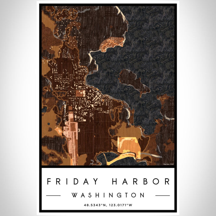Friday Harbor Washington Map Print Portrait Orientation in Ember Style With Shaded Background