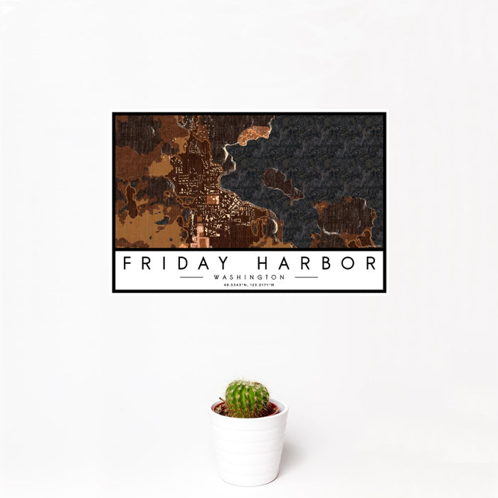 12x18 Friday Harbor Washington Map Print Landscape Orientation in Ember Style With Small Cactus Plant in White Planter