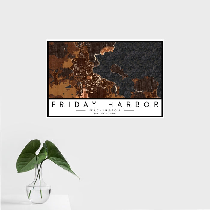 16x24 Friday Harbor Washington Map Print Landscape Orientation in Ember Style With Tropical Plant Leaves in Water