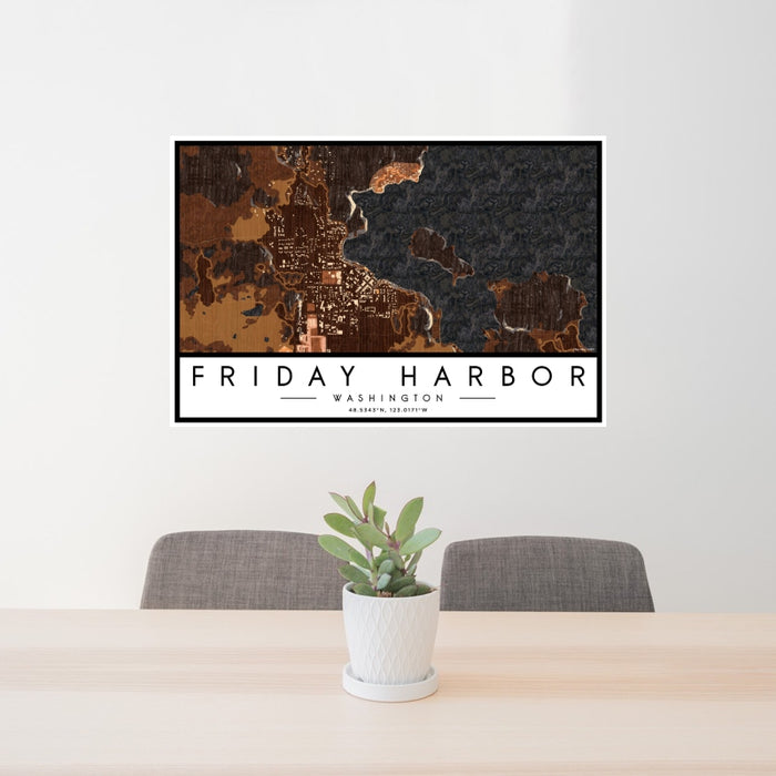 24x36 Friday Harbor Washington Map Print Landscape Orientation in Ember Style Behind 2 Chairs Table and Potted Plant
