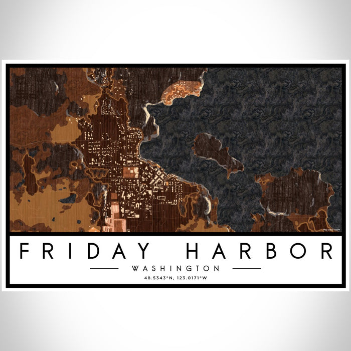 Friday Harbor Washington Map Print Landscape Orientation in Ember Style With Shaded Background