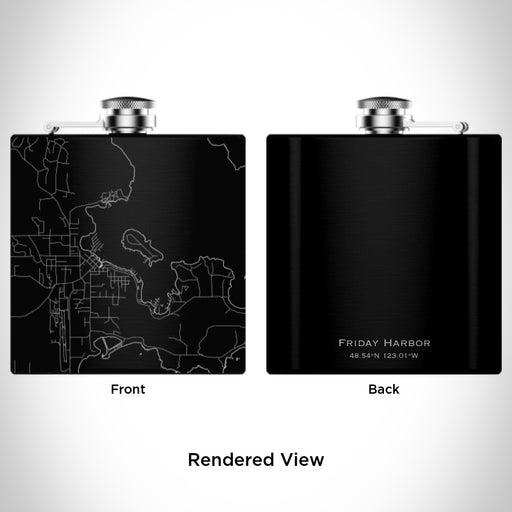 Rendered View of Friday Harbor Washington Map Engraving on 6oz Stainless Steel Flask in Black
