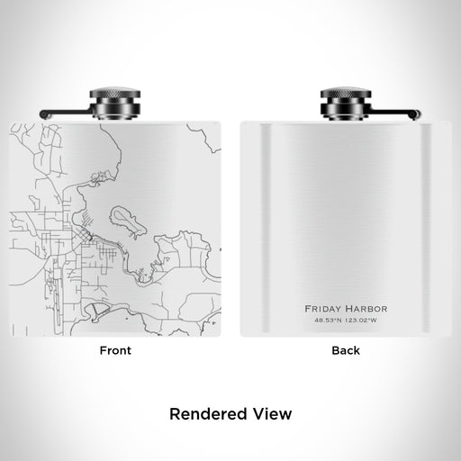 Rendered View of Friday Harbor Washington Map Engraving on 6oz Stainless Steel Flask in White