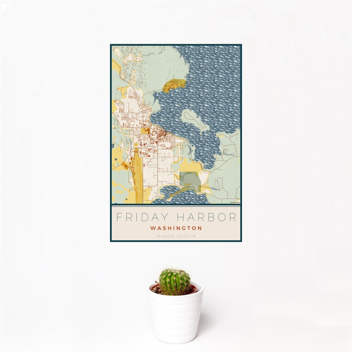 12x18 Friday Harbor Washington Map Print Portrait Orientation in Woodblock Style With Small Cactus Plant in White Planter